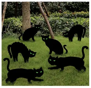 Ivenf Halloween Decorations Outdoor, 6ct Black Cat Decor Yard Signs with Stakes, Scary Silhouette with Glow in Dark Eyes, Corrugated Plastic, Waterproof Lawn Decorations for Kids Family Home Party