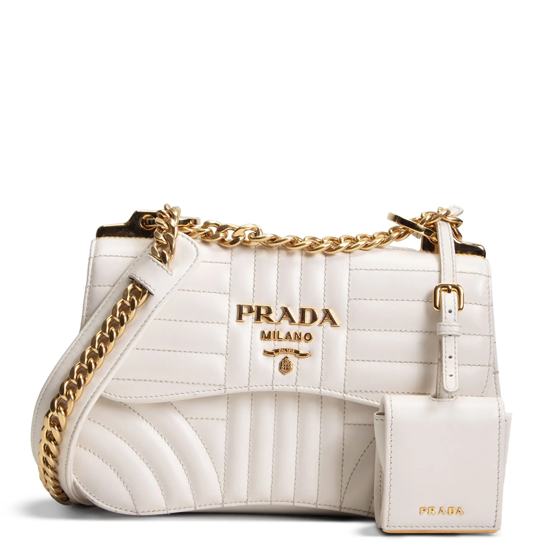 Pre-owned PRADA Calfskin Leather Crossbody Bags Curve Flap Diagramme Quilted Leather Bag White