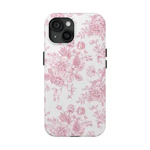 Tough Case Pink and White French Toile De Jouy Phone Case, Light Pink Floral Phone Cases Phone Cover Hard Case Tough 2-piece Phone Case