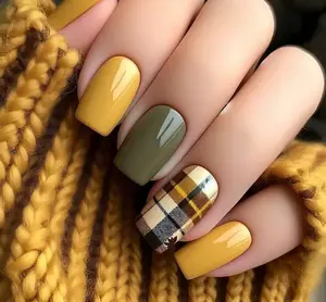 CurvLife Autumn Plaid Charm Press-On Nails – 30PCS Square Medium Yellow and Olive Green Nails with Classic Plaid Accent, Cozy Fall Vibe, Glossy Finish, Reusable, Easy to Apply & Remove, Perfect for Autumn Daily Wear & Holiday Gift