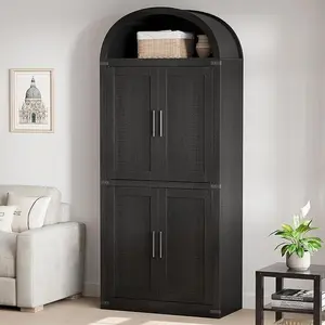 Arched Cabinet ,  Large Bookshelf with Doors, Arched Bookcase with Cabinets, 5 Tier Kitchen Cabinets for Dining Room，Black