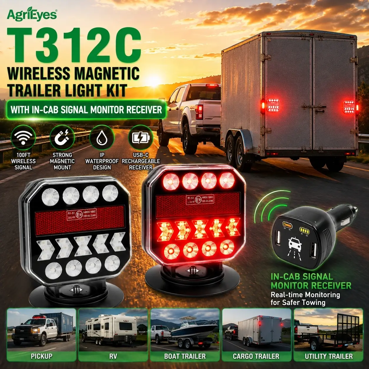 AgriEyes T312C Wireless Magnetic Trailer Light Kit with In-Cab Signal Monitor Receiver, USB-C Rechargeable 5-in-1 LED Tow Lights, Drill-Free Magnetic Mount, IP Waterproof for Pickup, RV, Boat, Cargo & Utility Trailers backtoschool