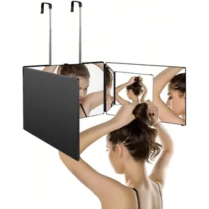 Portable Three-Fold Mirror with Adjustable Extensible Hook, Essential for DIY Haircut and Makeup, Easy to Carry