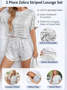 2 Piece Set Summer 2026 Casual Loose-Fitting Short Sleeve Lightweight Knit Top with Side Slits, High Waist Printed Shorts for Home and Outing