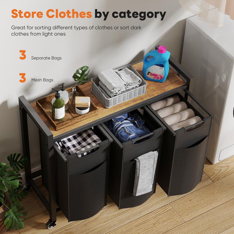 Laundry Hamper, Laundry Sorter with Shelf, Clothes Basket Organizer with 2 Pull-Out and Removable Bags, Movable Wheels for Laundry Room Bathroom Bedroom, Metal Frame, Black