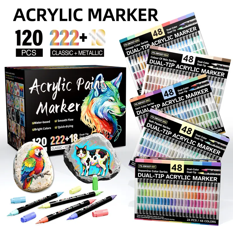 Acrylic Paint Markers, Art Marker Set, 24/48/72/144/240 Colors, Dual tips Dual Color Acrylic Paint Pens for Rock Painting, Canvas, Wood, Glass, Ceramic, Fabric, Plastic, Egg & Scrapbook. Soft Brush Tips Paint Pens and Paint Markers Art Craft Supplies
