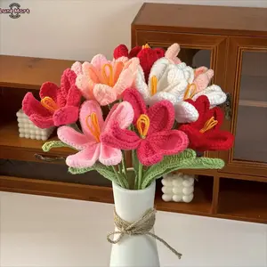 LuneMart Handmade Crochet Flower without Vase, Tulip Flowers Bouquet, Mother's Day Gift, Artificial Flower, Gifts for Girlfriend, Room Decor for Girls, Decorative Flower for Mom, Friends