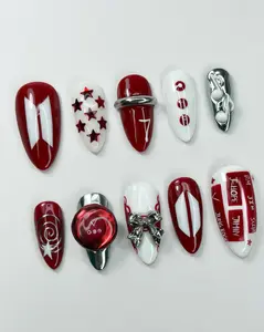 BTS OT7 Concert Press On Nails, Red and White ARMY Fandom Custom Art with All Member Names, 3D Silver Chrome Kpop Merch