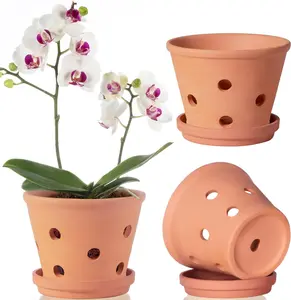 Orchid Pots 6 Inch Terracotta Holes, Saucers - 3 Pack Clay Orchid Planter Pots  Repotting, Small Terra Cotta Pot, Indoor & Outdoor, Promotes Air Circulation