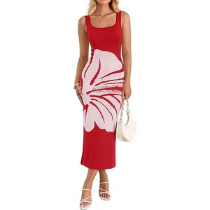 ZESICA Womens Summer Floral Knitted Maxi Dress 2026 Spring Vacation Sleeveless Baby Shower Long Tank Bodycon Sweater Dresses