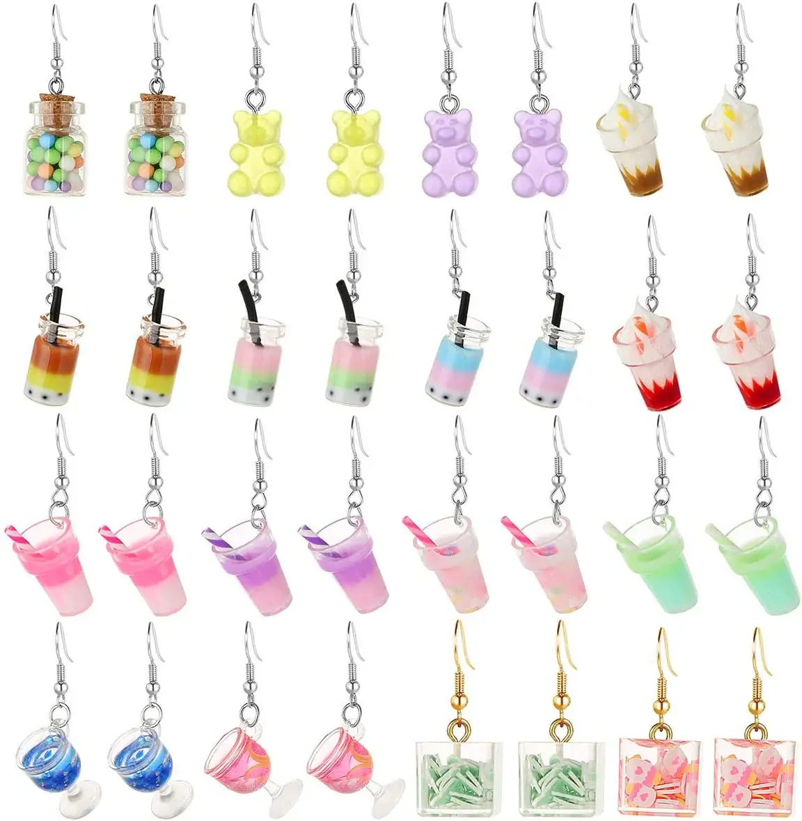 16 Pairs Cute Weird Dangle Earrings for Teen Girls Kawaii Aesthetic Boba Tea Drop Earrings