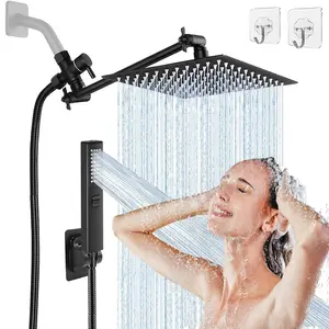8" High Pressure Square Rainfall Shower Head and 2-in-1 Hand Shower,Rainfall Showerhead with 9" Shower Arm,Equipped with 78"Hose,Adhesive Shower Head Holder (Square Black Shower Head Set)