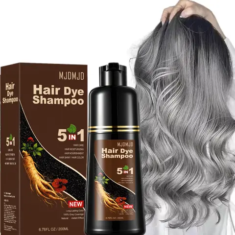 MJDMJD Nourishing 5-in-1 Silver Gray Hair Dye Shampoo - No Bleach At-Home Cover Gray Hair Solutions, 10-15 Mins Coverage, Ginseng Extract Semi-Permanent Color, 200ml for Men & Women, No Bleach Hair Color