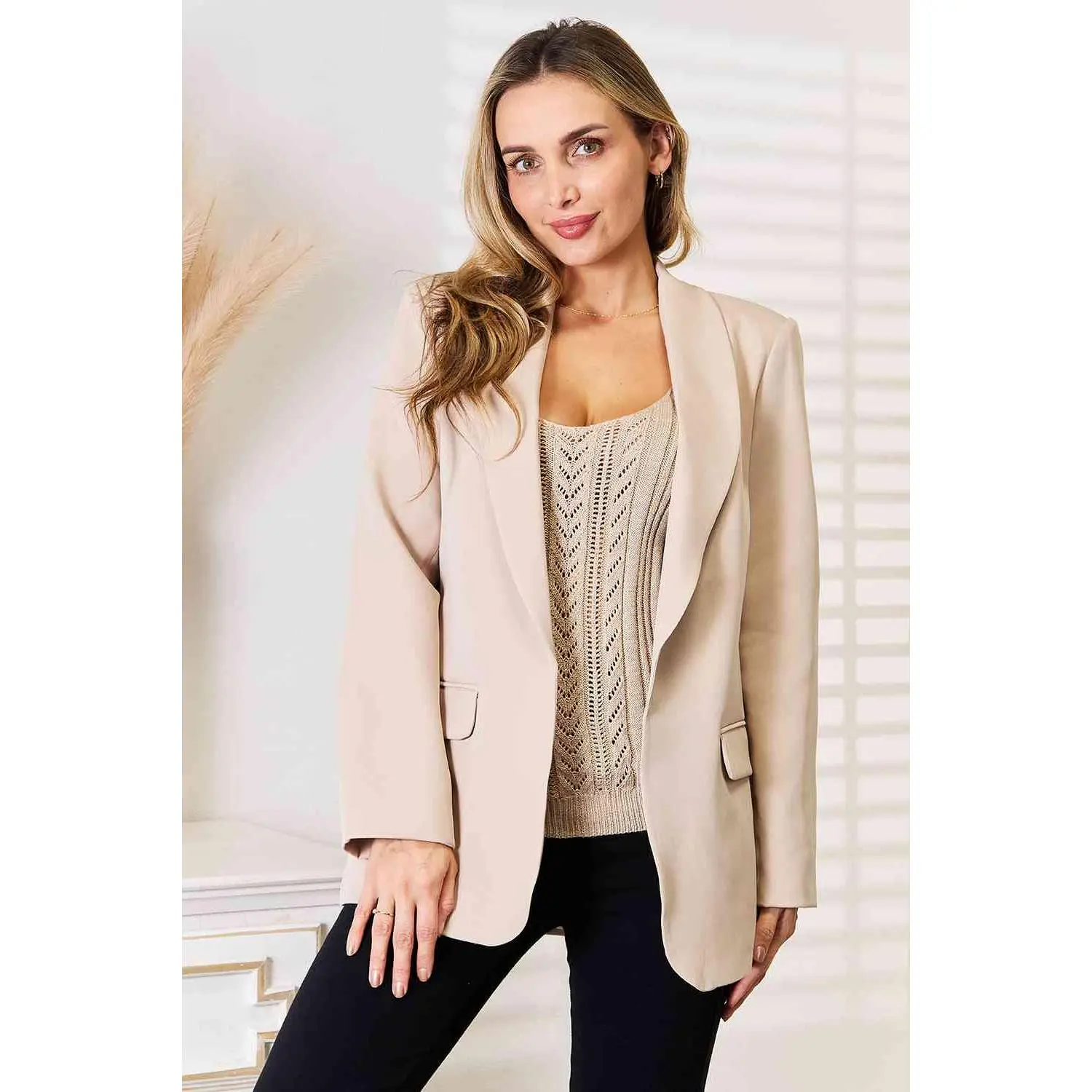 Women's Blazer with Shawl Collar, Solid Open Front Long Sleeve Top for Office and Daily Wear, Tops, Longsleeves, Basic, Elastane, Polyester Blend, Machine Wash, Cold Wash, Chic, Plain, Minimalist, Casual, Tailored Touch, Normal Type