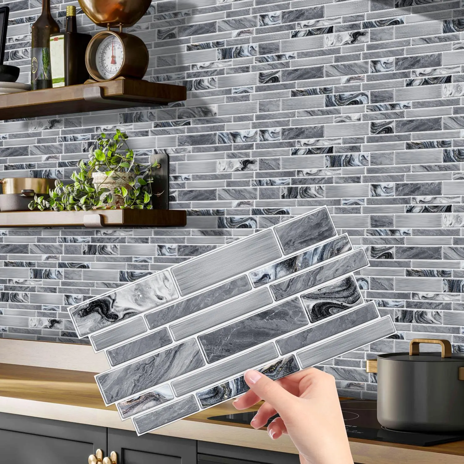 3D Crystal Grey Black Gilded Ceramic Tile Wallpaper, Self-adhesive Detachable Wallpaper, Waterproof & Moisture-proof DIY Stickers for Kitchen, Living Room, Bathroom
