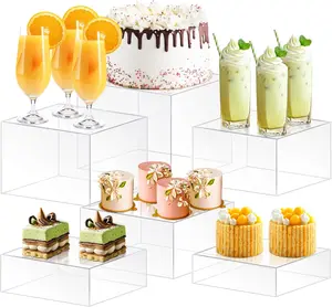 6 Piece Buffet Risers Display Stand for Party, White Acrylic Cube Food Riser with Hollow Bottom, Cupcake Dessert Stand Nesting Storage Box for Catering, Jewelry & Collectibles