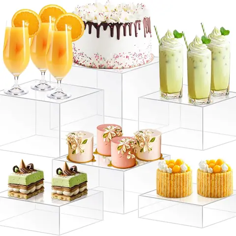 6 Piece Buffet Risers Display Stand for Party, White Acrylic Cube Food Riser with Hollow Bottom, Cupcake Dessert Stand Nesting Storage Box for Catering, Jewelry & Collectibles