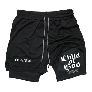 Child of God Gothic Font Bible Verse Dual‑Side Graphic 2‑in‑1 Workout Shorts – Athleisure Shorts, Regular Fit Breathable Quick Drying Pocket Shorts, Summer Bottoms for Gym Workout Running, Athletic Wear Shorts