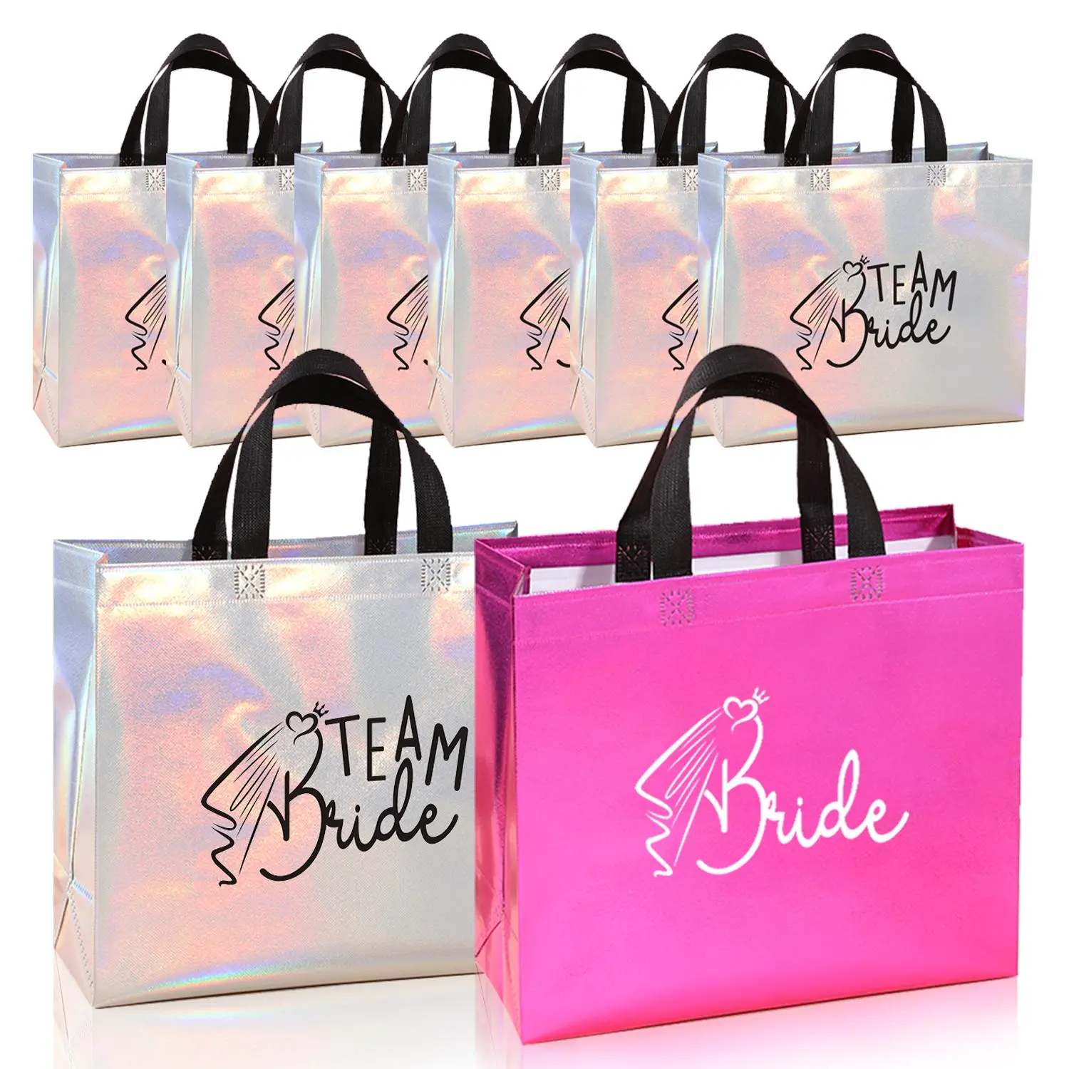 Team Bride Gift Bag, 8 Counts/set Glitter Gift Bag with Handle, Creative Wedding Decoration, Party Supplies for Bridal Shower & Wedding, Wedding Souvenir, Wedding Party Packaging, Wedding Favors, Party Favor Bags, Gift Bags with Handles