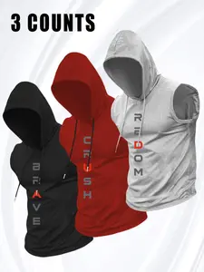 Men's 3 Pack Sleeveless Hooded Workout Tank Tops, "BRAVE/CRUSH/REDOM" Print Gym Shirts, Quick Dry Breathable Tops for Gym, Daily #springsaledeals2026 #summeroutfits #tiktokshopmademebuyit #menfashion