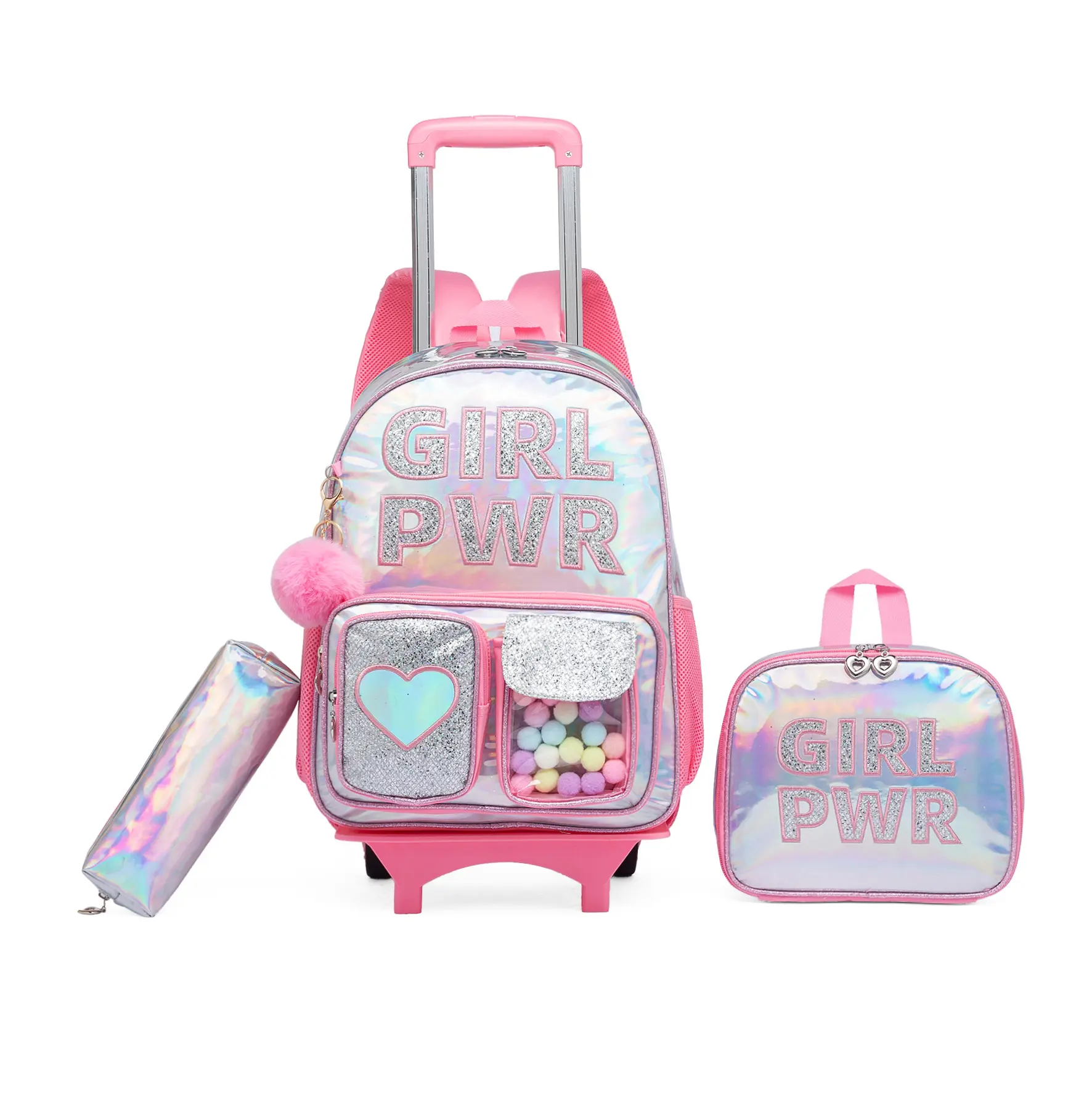 Girl's Cute Graphic Rolling Backpack with Lunch Box Set, Waterproof Nylon School Bag with Smooth Rolling Wheel and Built-in Organizer, Rolling Wheels