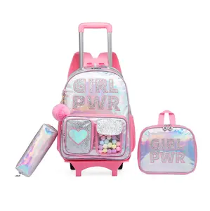 Cute School Bag for Kids Girls' Backpack for Students with Lunch Box Holographic Design and Rolling Wheels-Detachable