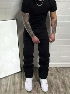 Men's Fitted Casual Solid Color Jeans, Elastic Straight Leg Pants with Slant Pockets, Soft Cotton Fabric for All Seasons