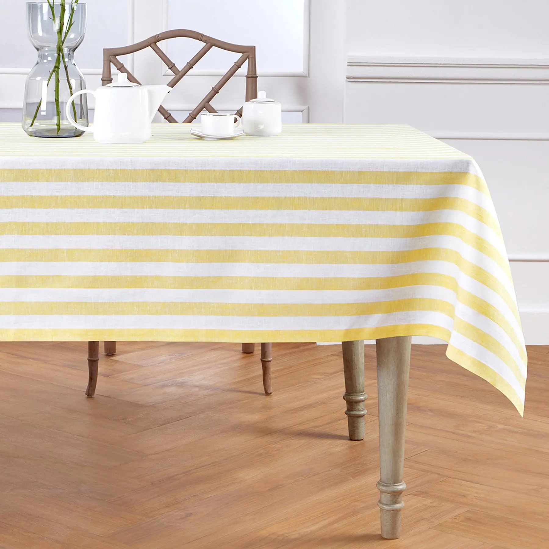 Solino Home Sorrento Stripe Pure Linen Tablecloth - Casual Yellow-White Striped, Soft Lightweight, Varied Sizes Rectangle, Outdoor Safe, Dining Room Decor Tablecloths