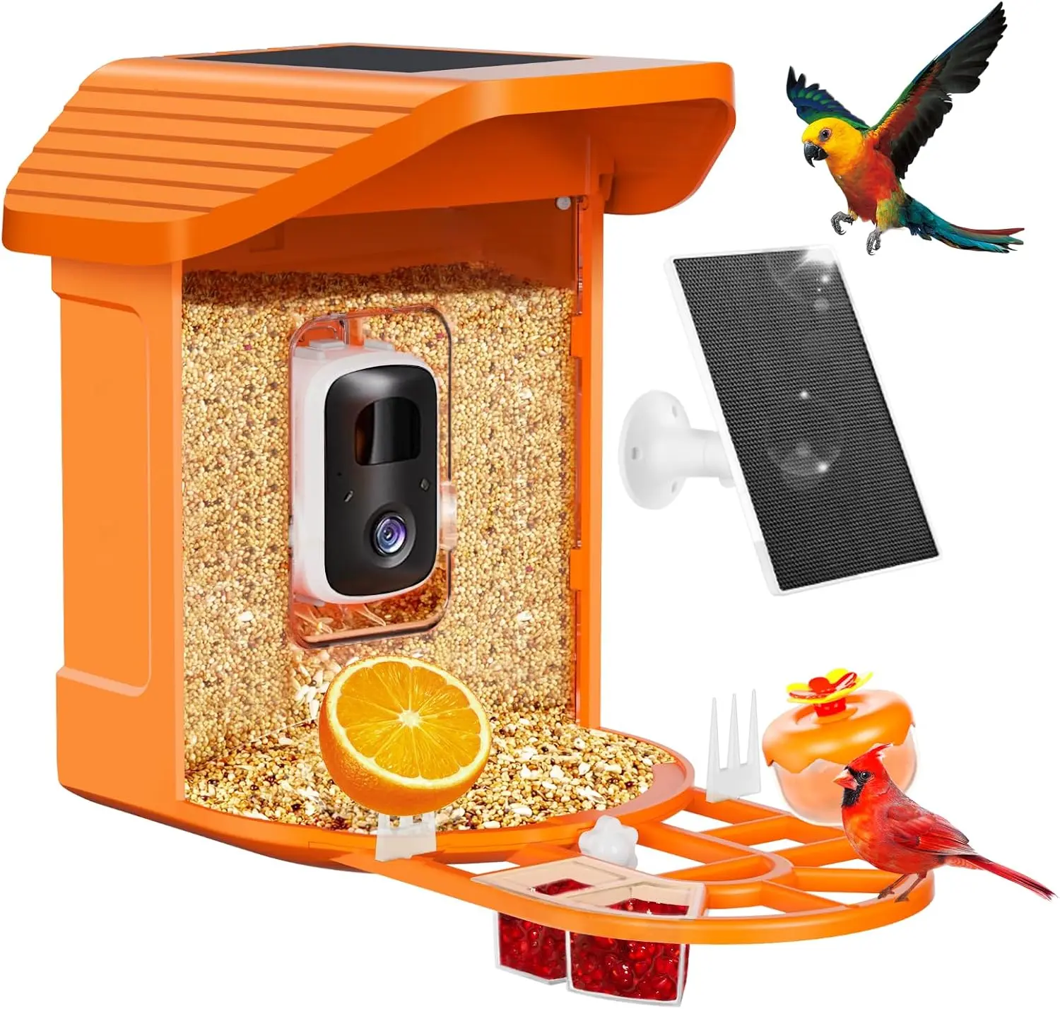 Smart Bird Feeder with Camera, Vibrant to Attract Birds, 2K HD AI Bird Species Identification, 2 Solar Panels, Weatherproof Outdoor Design - Ideal Gift for Family & Bird Lovers(Orange)