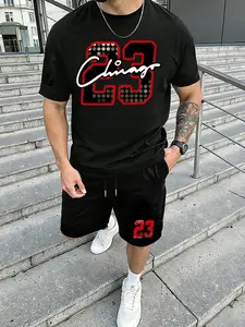 Men's Chicago 23 Graphic Two-Piece Tracksuit - Casual Soft Breathable Black T-Shirt & Shorts Set with Checkered "23" Print, Elastic Waist Drawstring Shorts for Basketball Fans & Street Style, Streetwear