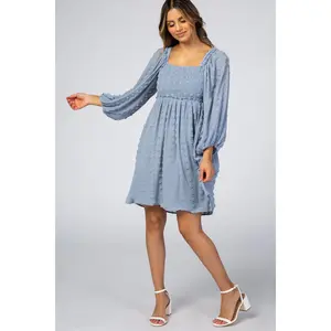 Light Blue Textured Dot Smocked Square Neck Chiffon Dress