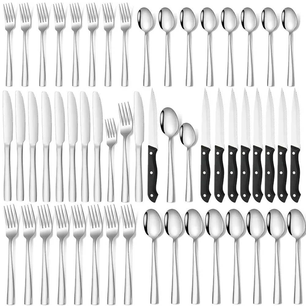 8-Person 48-Piece Stainless Steel Cutlery & Dishware Set - Kitchen Supplies with Steak Knives, Mirror-Polished Flatware, Rust-Proof, Dishwasher-Safe, Plastic-Free Casual Modern Set - Ideal for Outdoor Dining, Wedding Gifts
