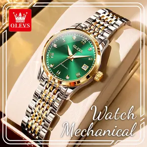 OLEVS 6602 Women's Automatic Mechanical Watch, Two-Tone Gold & Green Dial, Luxury Business Casual Wristwatch, Waterproof Luminous Stainless Steel Watch