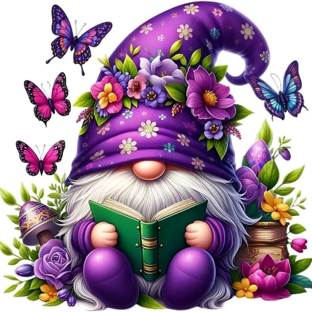 Purple Hat Gnome Reading Book Butterfly Floral Art Painting Diamond Painting 5D DIY Diamond Painting Kit Full Drill Square Round Diamonds Embroidery Design Cross Stitch Art Craft Home Wall Decor Unique Art Gift  Handmade Decorative Painting Set DIY Kits