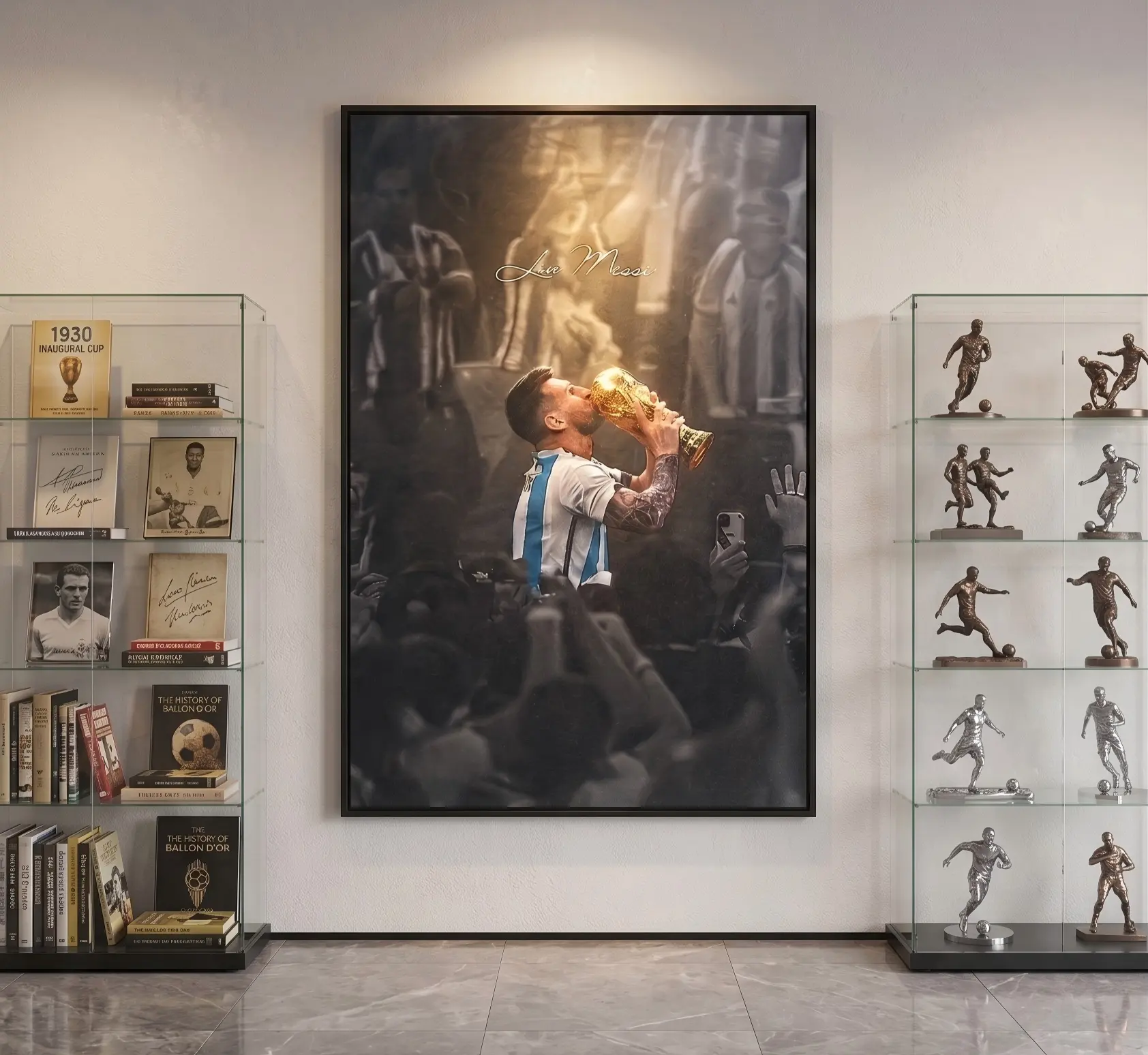 Messi Inspired Football Trophy Celebration Canvas Art, Argentina Soccer Style Wall Decor, Black White Sports Poster for Fans