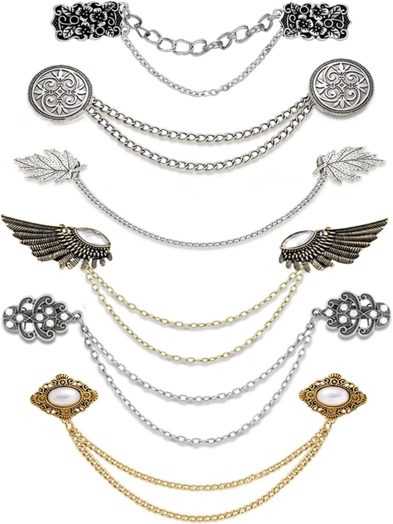 6-Piece Vintage Sweater Shawl Chain Clips, Retro Shirt Collar Clip, Hanging Chain Open Front Sweater Cape, Sapphire Wing Pearl Leaf Pin, Unisex