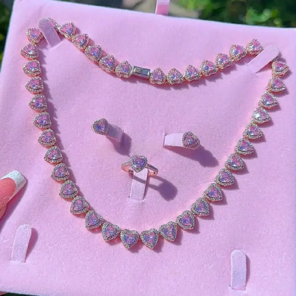 Radiant Love Tennis Necklace set with Pink Gemstone Accents on Chain, Ring, and Earrings
