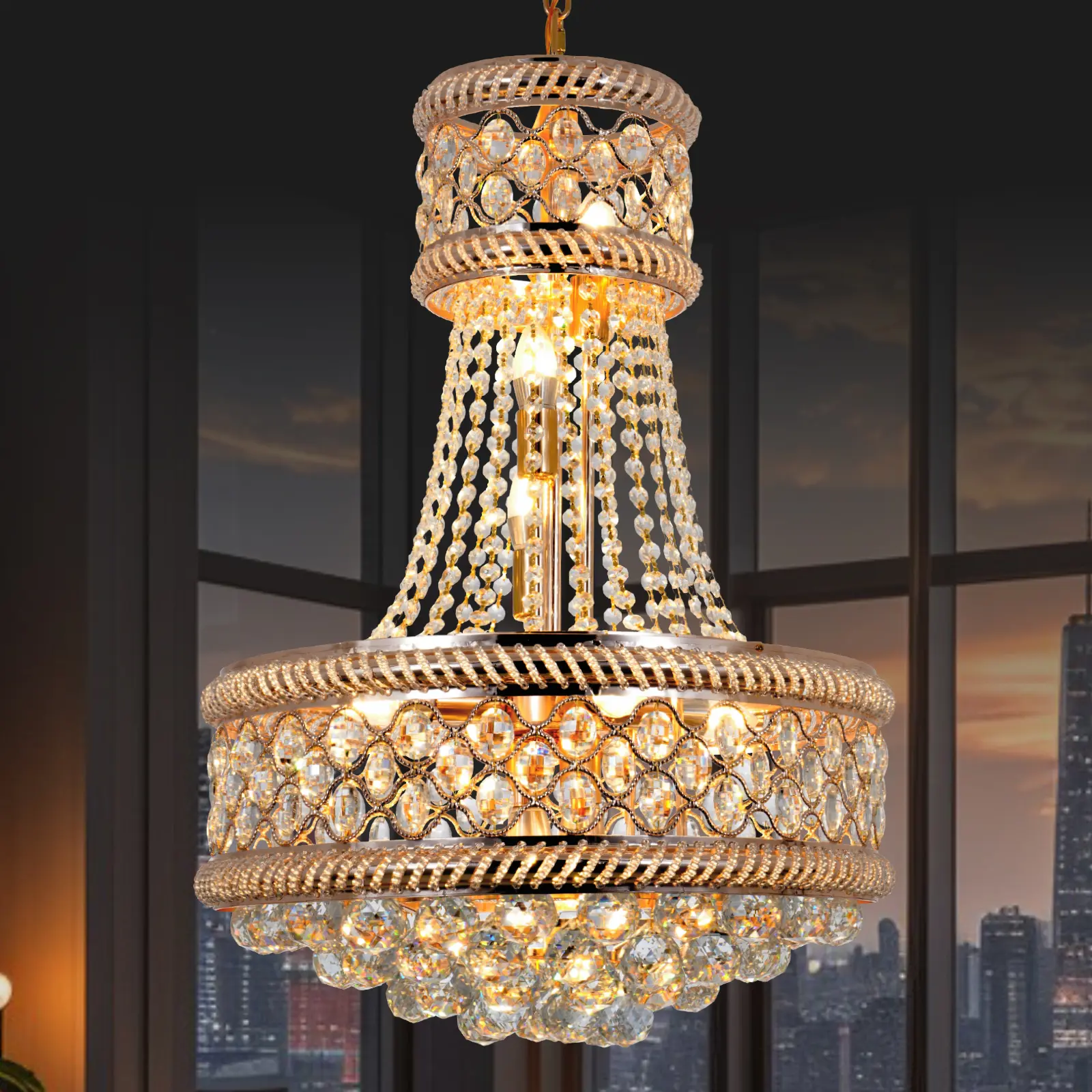 Golden duplex living room hallway crystal chandelier - E26 bulb base Golden duplex living room hallway crystal chandelier - E26 bulb base