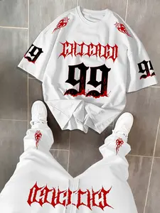 Men's Chicago 99 Gothic Flame Print Two-Piece Set, Y2K Streetwear Outfit, Casual Graphic Tee and Pants, All Seasons Fashion