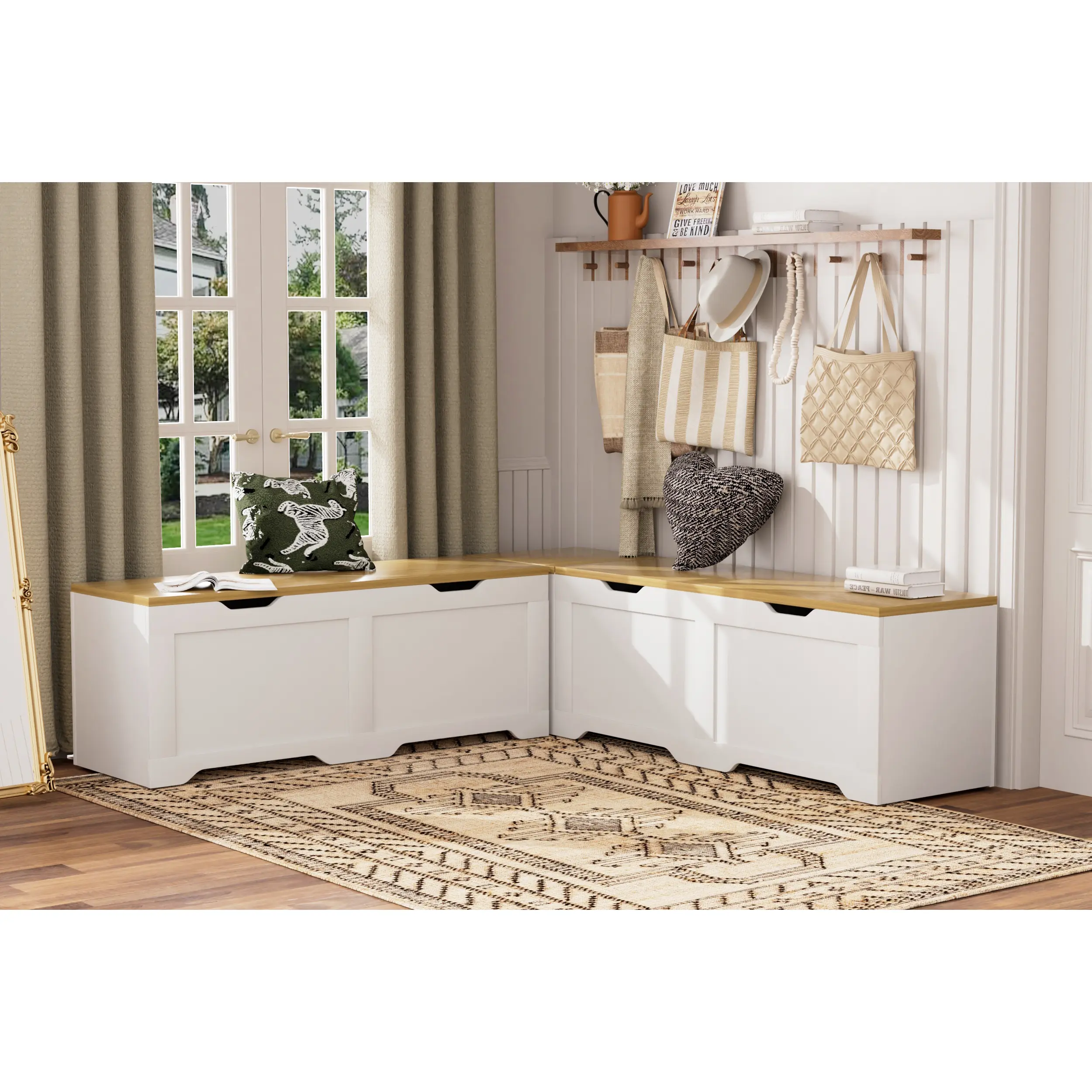 3-Piece L-Shaped Multi-Functional Storage Bench with Cushion White & Natural 63D x 63W x 19.1H Particle Board Kitchen Corner Bench Toy Storage Box Reading Nook Seat
