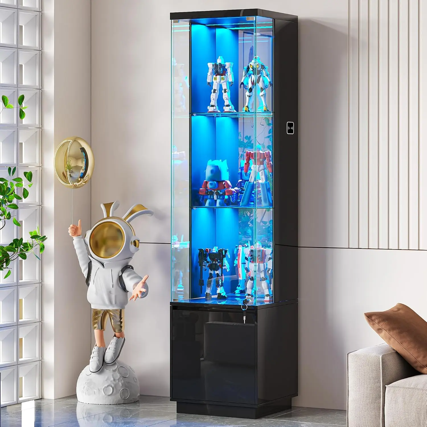 Lockable 65"H Display Cabinet with Glass Door and Sensor LED Lights, Lighted Glass Display Cabinet with 3-Tier Glass Shelves,Corner Curio Cabinet with 3 Color Lights for Collectibles