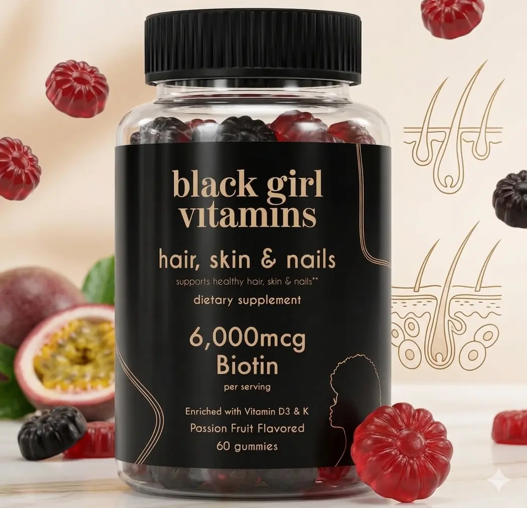 Black Girl Hair, Skin & Nails Gummies - 6000 mcg Biotin, Zinc, Vitamin A, Vitamin E, Gelatin-Free, Gluten-Free, Passion Fruit Flavor, 60 Count, 30-Day Supply, Made in the USA