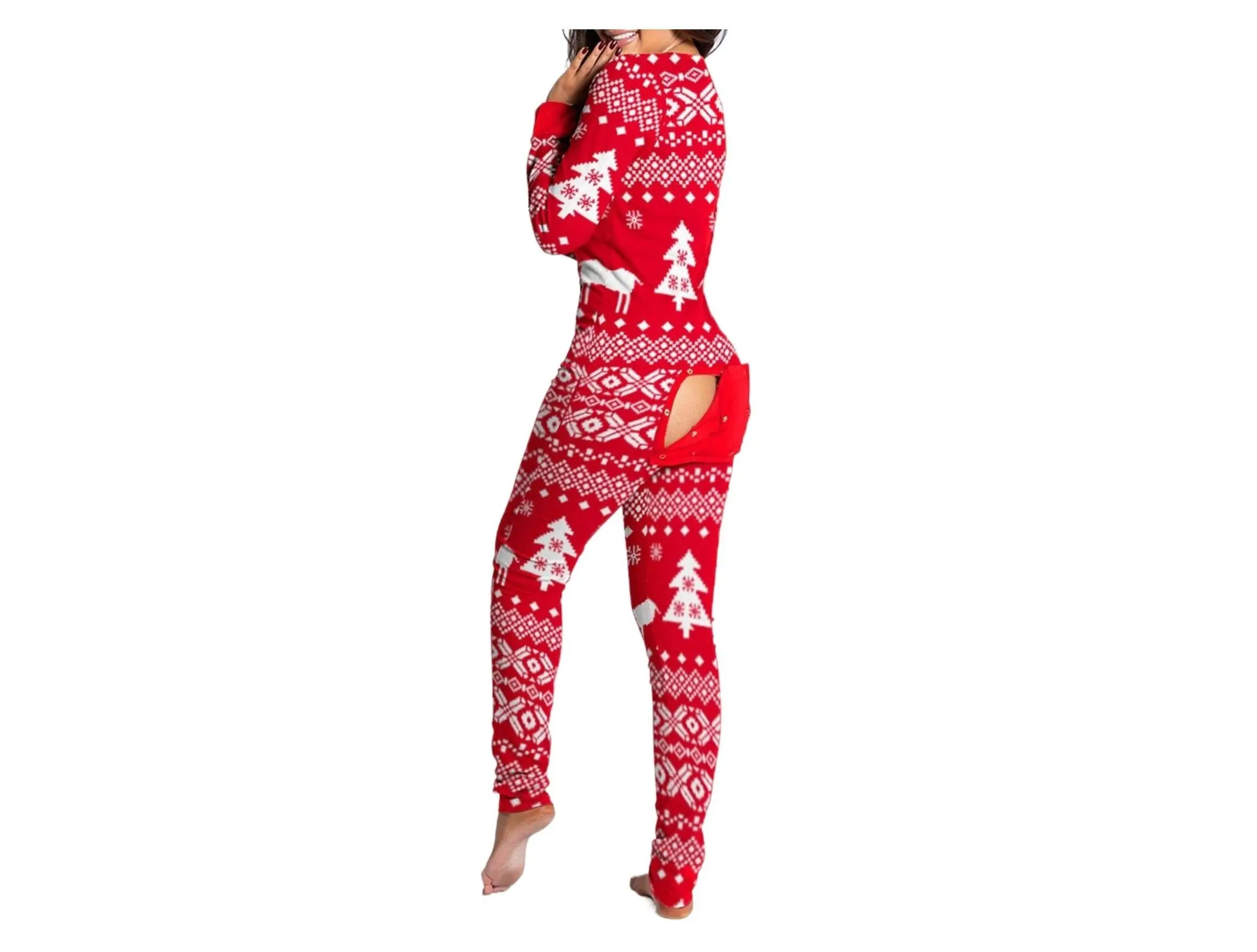 Seasonal Snuggle, Cozy Christmas Tree Print Women's Pajama Jumpsuit - Long Sleeve, V-Neck with Button Detail, Soft Polyester Loungewear for Fall/Winter