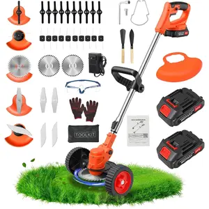 24V Weed Wacker, Grass Trimmer Edger Brush with Wheels, Lightweight String Trimmer, 2 Pack 2000mAh Batteries & Fast Charger for Lawn Yard Care, Orange