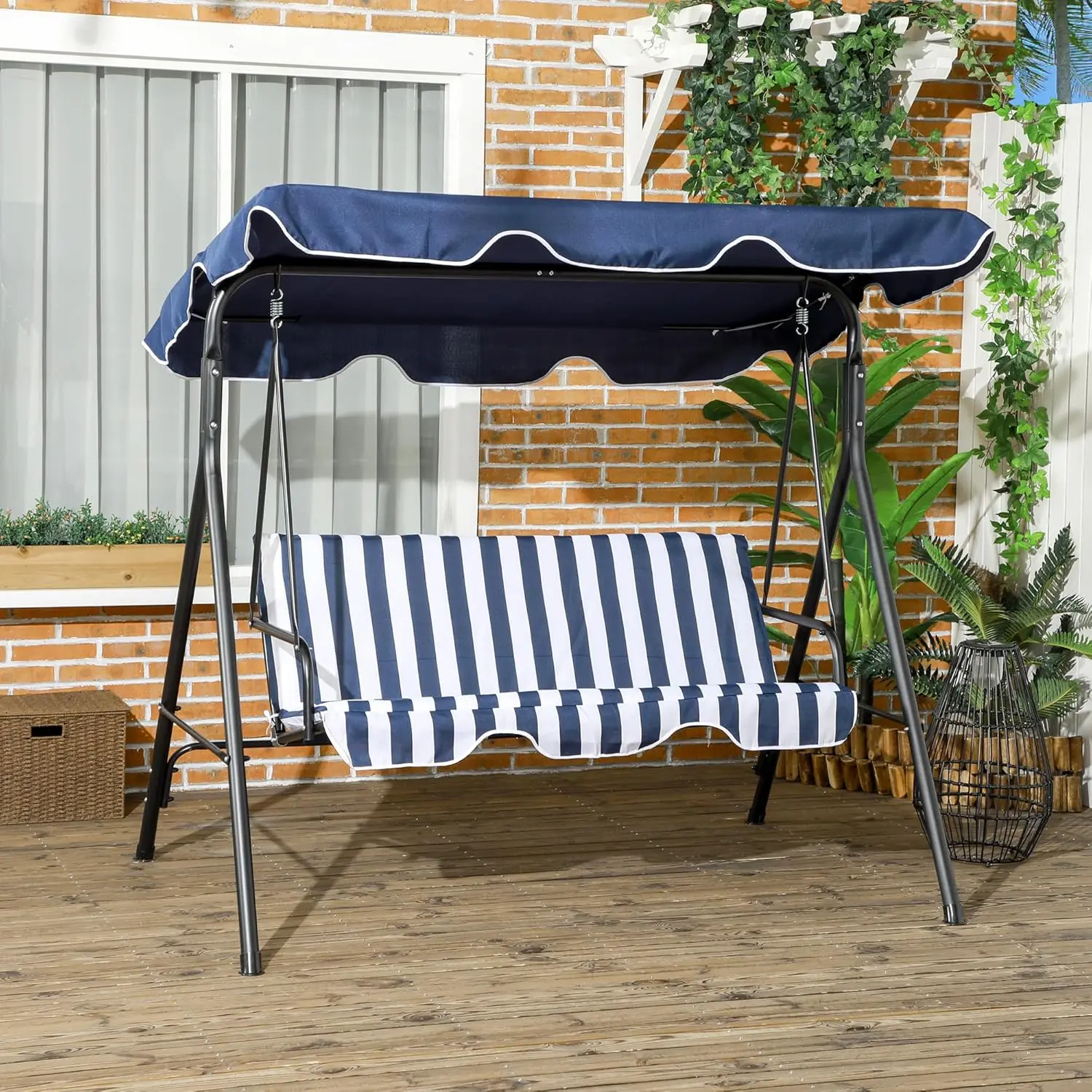 Crestholm 3-Seat Porch Swing with Cushions, Stand & Adjustable Canopy, Powder-Coated Steel Frame, Thick Soft Cushions, 440 lb Capacity for Patio, Garden, Backyard