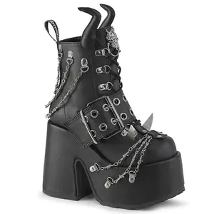 Demonia Camel-64 Women's Black Vegan Leather Ankle Boots with Devil Horn Design & Chain Accents 5" Chunky Heel 3" Platform D-Ring Lace-Up Front