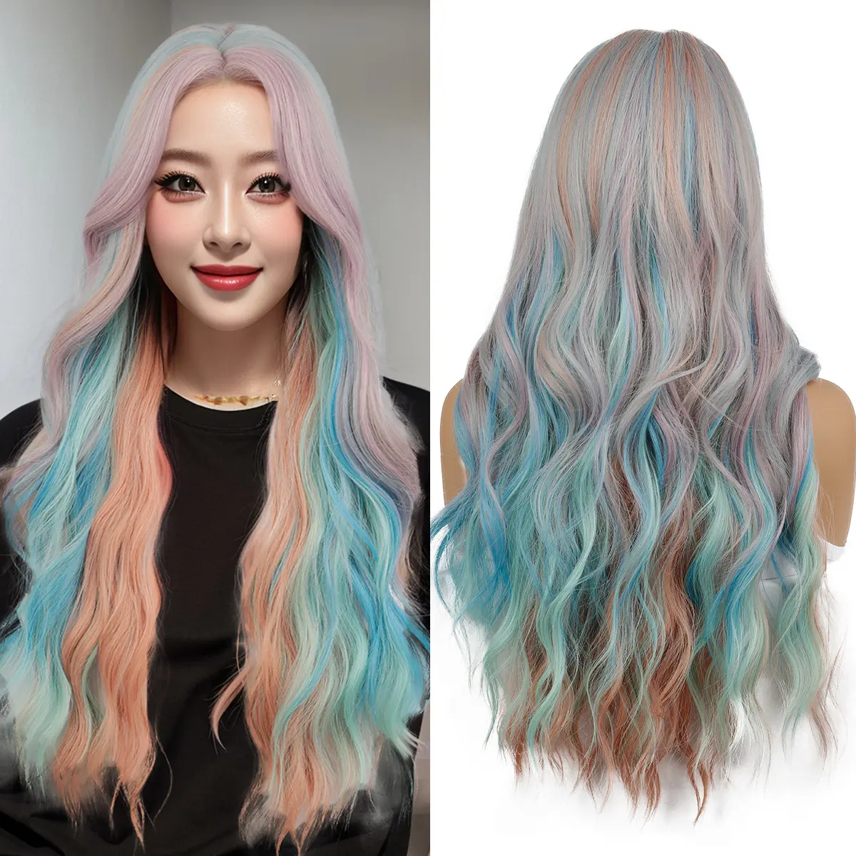 New Rainbow Bangs Wig for Women Blue Pink Long Curly Synthetic Lace long straight hair woman middle part pink  wigs ombre  ash spiral curl party hairstyle natural look hairline synthetic hd lace front