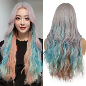 New Rainbow Bangs Wig for Women Blue Pink Long Curly Synthetic Lace long straight hair woman middle part pink  wigs ombre  ash spiral curl party hairstyle natural look hairline synthetic hd lace front
