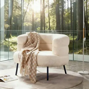 Elegant White Vanity Accent Chair, Lambswool Fabric Upholstered Armchair With Back For Bedroom, Living Space Or Home Office