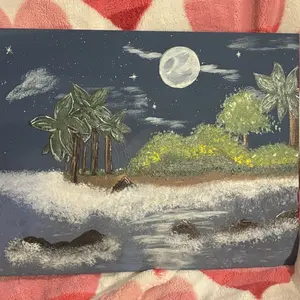 One day my beach will come! Acrylic painting with paint that includes some metallic acrylic paint and some glitter paint. 12X16 relaxing at the beach at night under a full moon